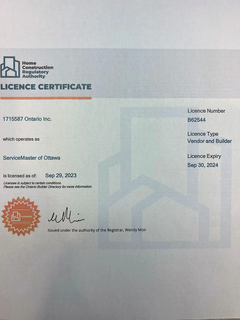 Home-Construction-Regulatory-Authority-Licence-Certificate